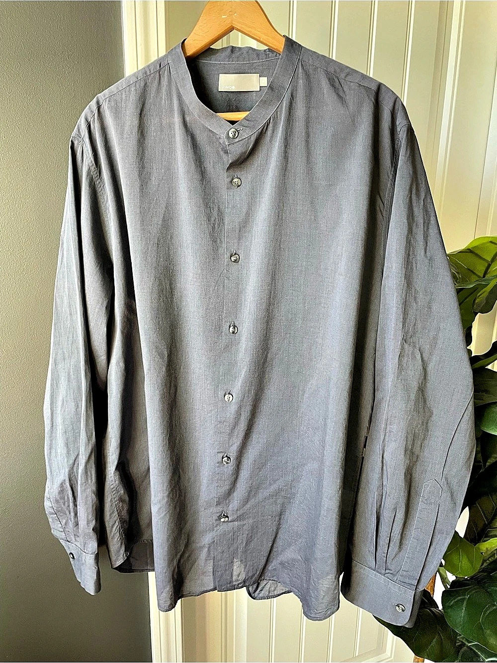 Vince. Men's Band Collar Long Sleeve Cotton Shirt Size XL Blue/Gray | *FLAWS*